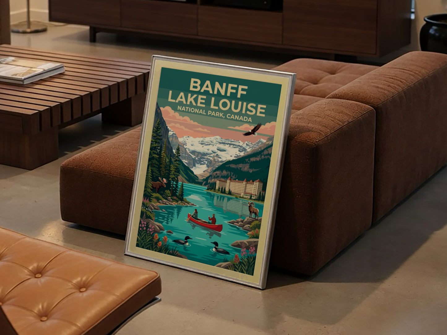 Travel poster of Banff Lake Louise featuring a canoe, mountain scenery, and wildlife.