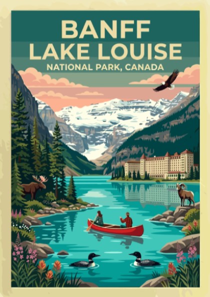Travel poster of Banff Lake Louise featuring a canoe, mountain scenery, and wildlife.