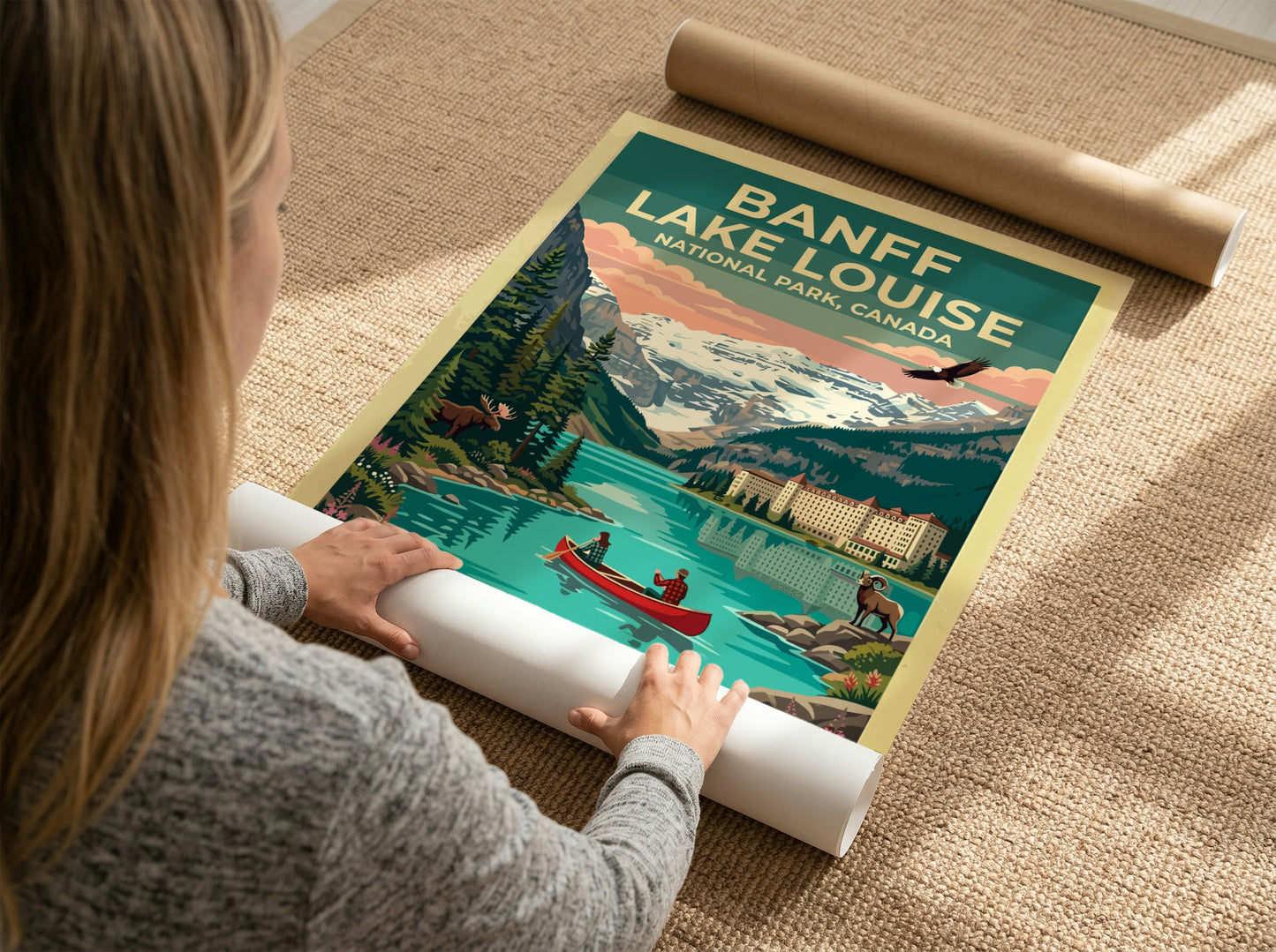 Travel poster of Banff Lake Louise featuring a canoe, mountain scenery, and wildlife.