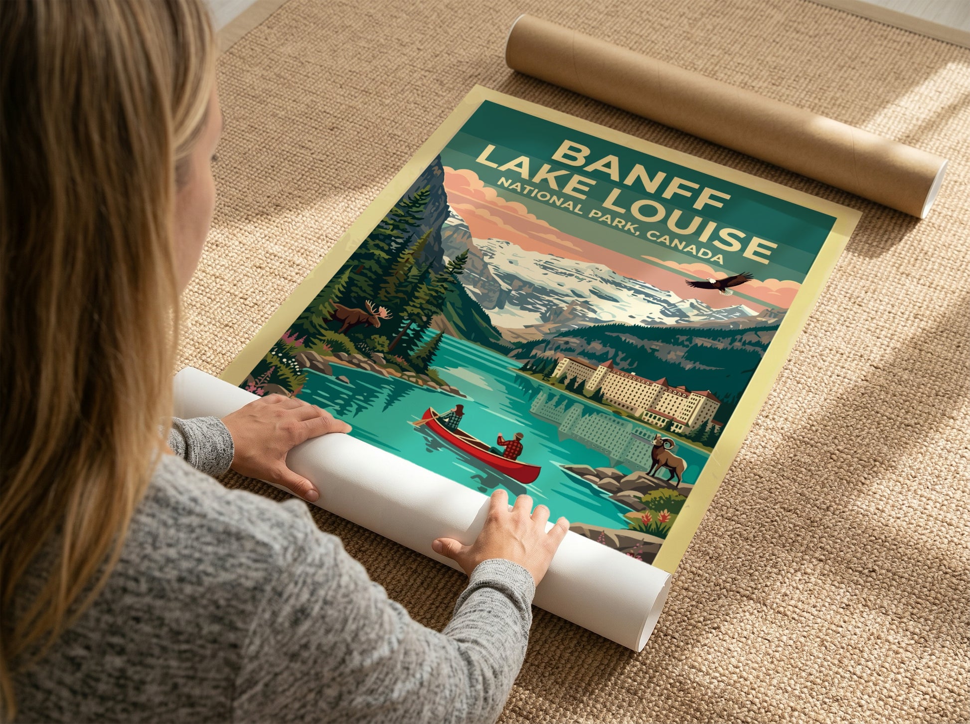 Travel poster of Banff Lake Louise featuring a canoe, mountain scenery, and wildlife.