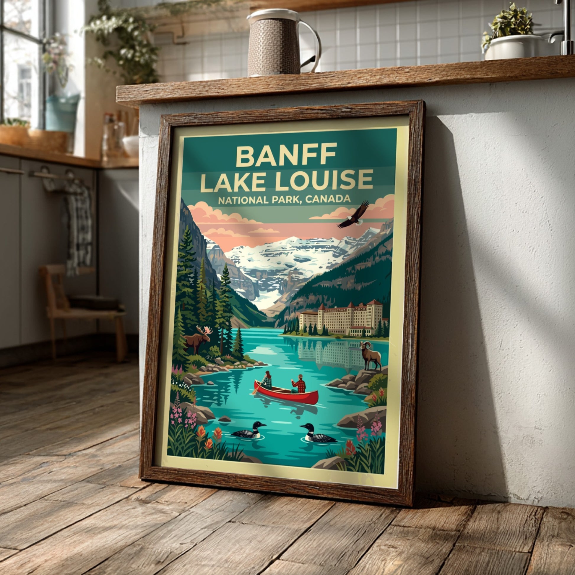 Travel poster of Banff Lake Louise featuring a canoe, mountain scenery, and wildlife.