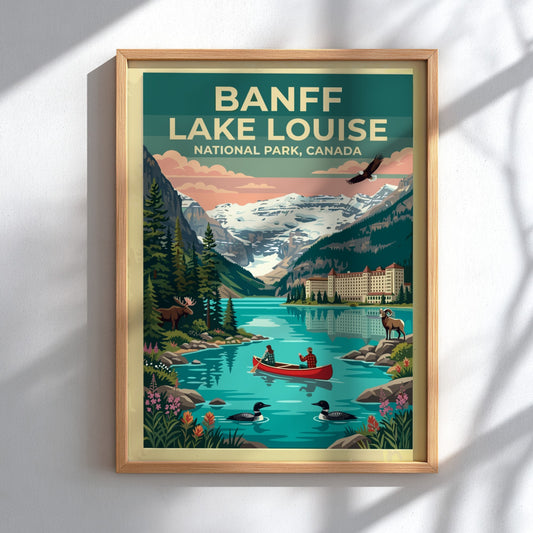 Travel poster of Banff Lake Louise featuring a canoe, mountain scenery, and wildlife.