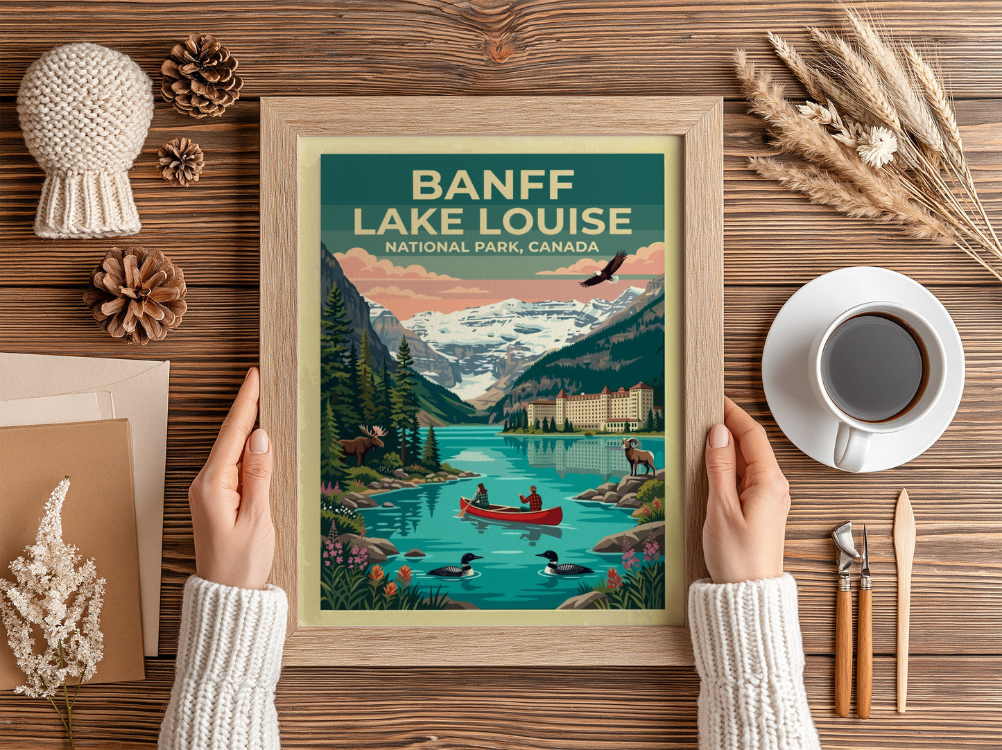 Travel poster of Banff Lake Louise featuring a canoe, mountain scenery, and wildlife.
