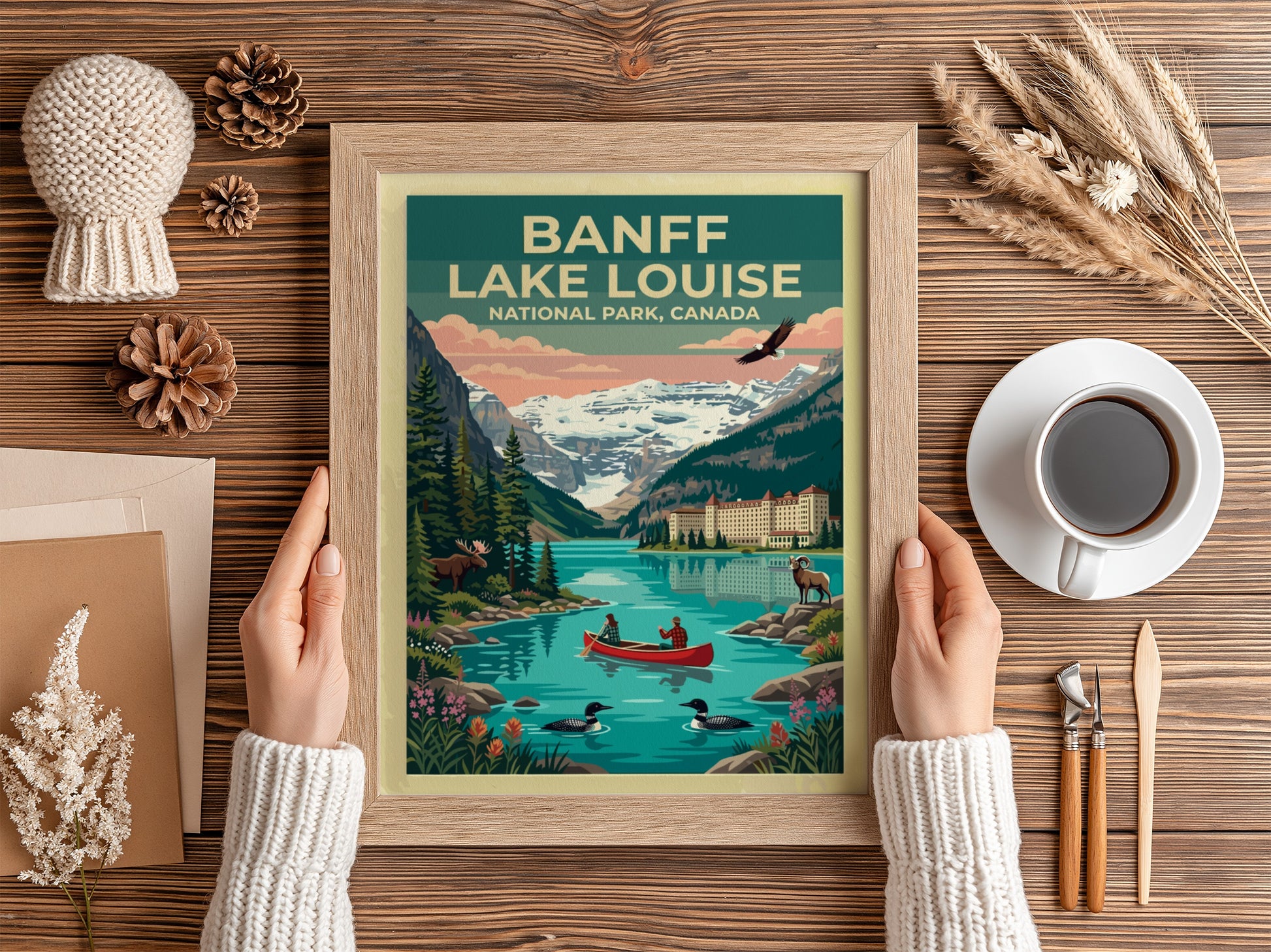 Travel poster of Banff Lake Louise featuring a canoe, mountain scenery, and wildlife.