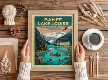 Travel poster of Banff Lake Louise featuring a canoe, mountain scenery, and wildlife.
