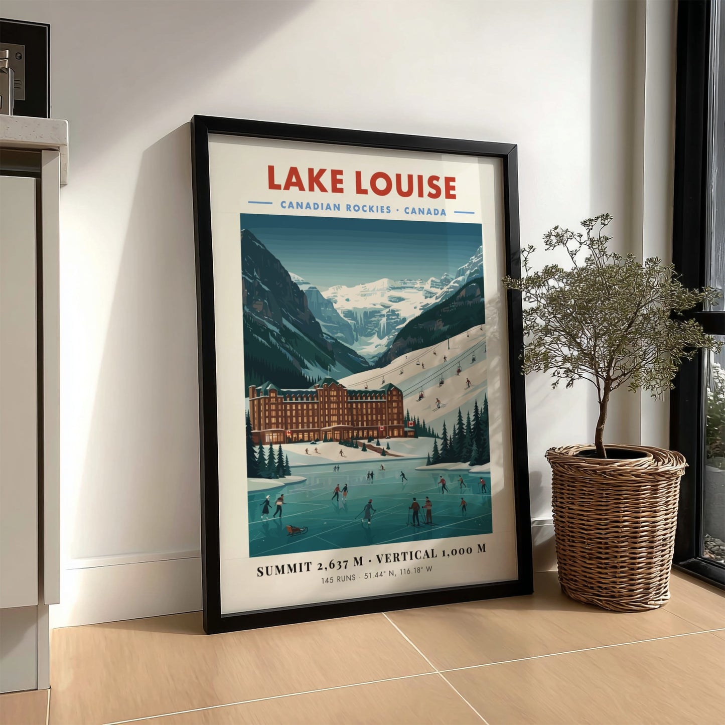 Lake Louise ski resort poster featuring vintage style, mountains, and winter sports in blue and white colors.