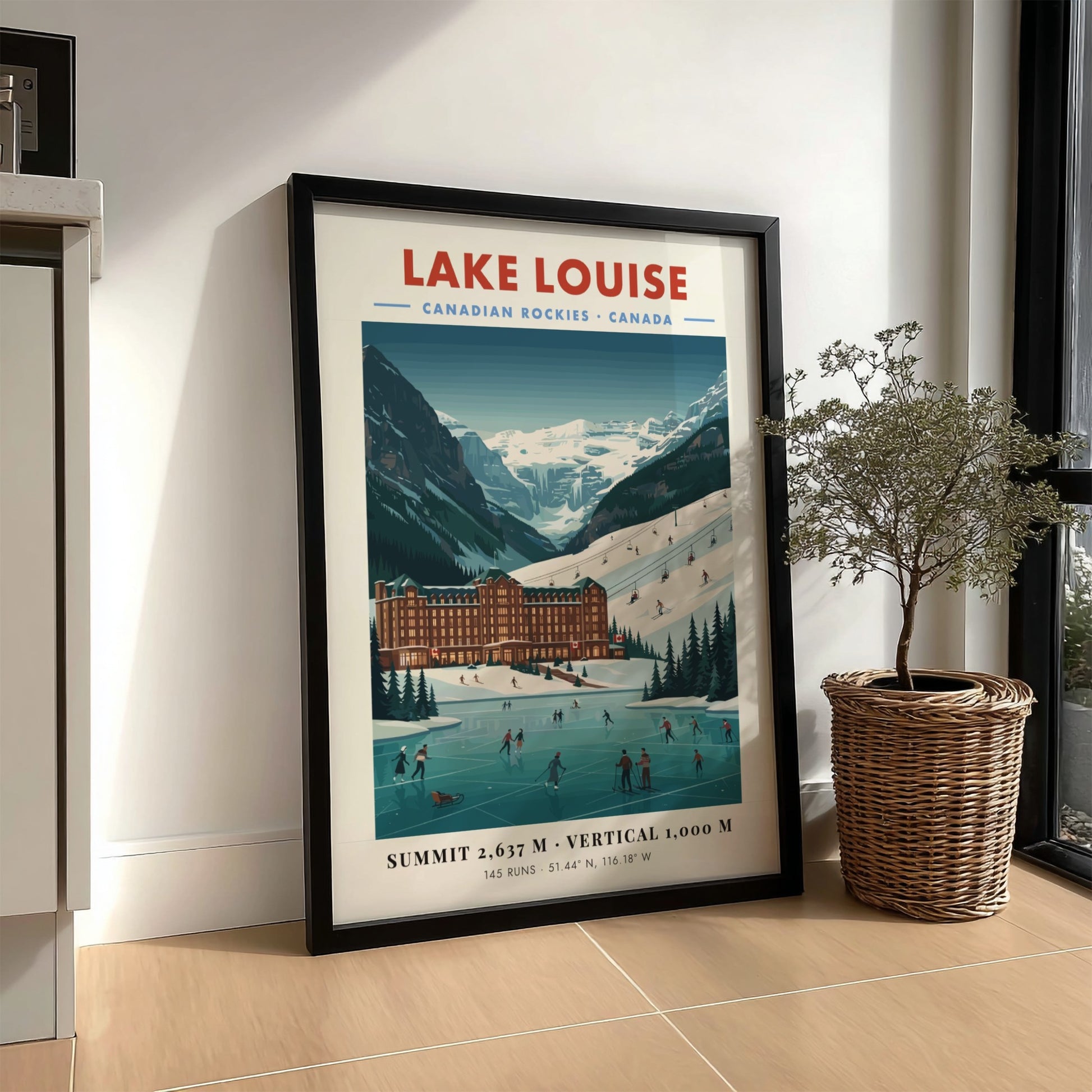 Lake Louise ski resort poster featuring vintage style, mountains, and winter sports in blue and white colors.