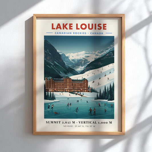 Lake Louise ski resort poster featuring vintage style, mountains, and winter sports in blue and white colors.