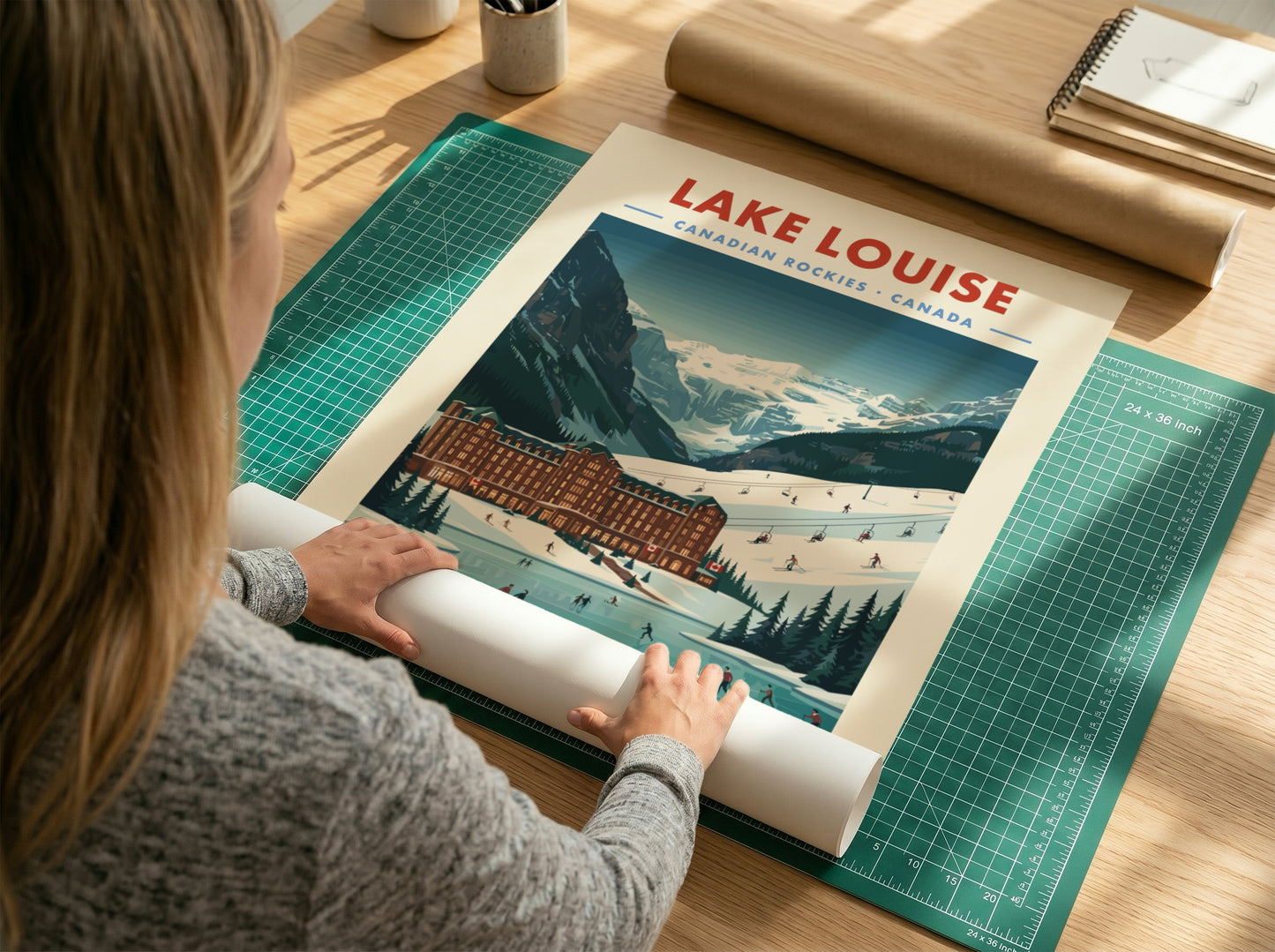 Lake Louise ski resort poster featuring vintage style, mountains, and winter sports in blue and white colors.