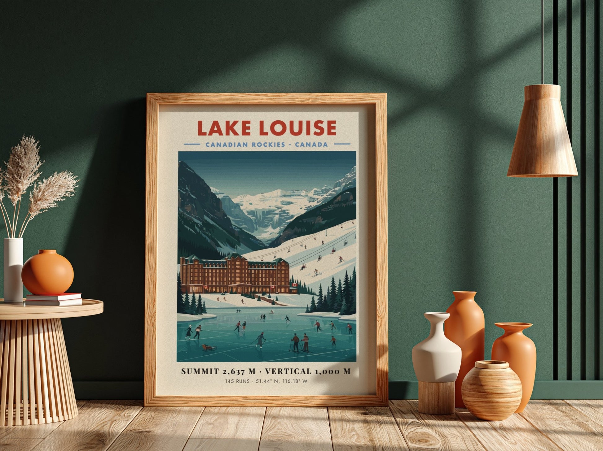 Lake Louise ski resort poster featuring vintage style, mountains, and winter sports in blue and white colors.