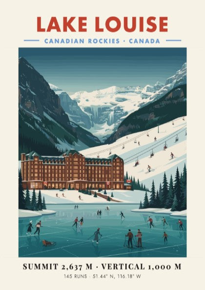 Lake Louise ski resort poster featuring vintage style, mountains, and winter sports in blue and white colors.