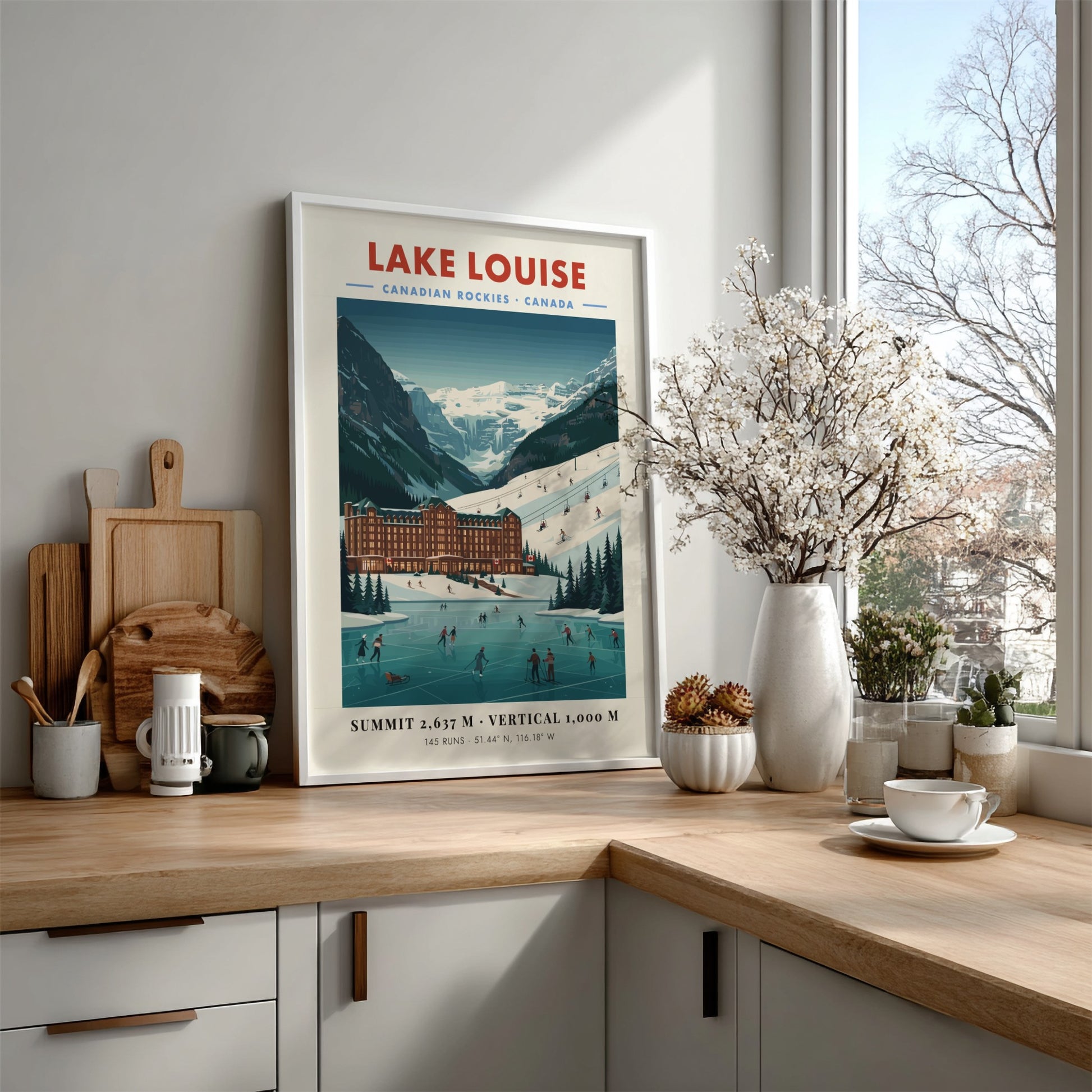 Lake Louise ski resort poster featuring vintage style, mountains, and winter sports in blue and white colors.