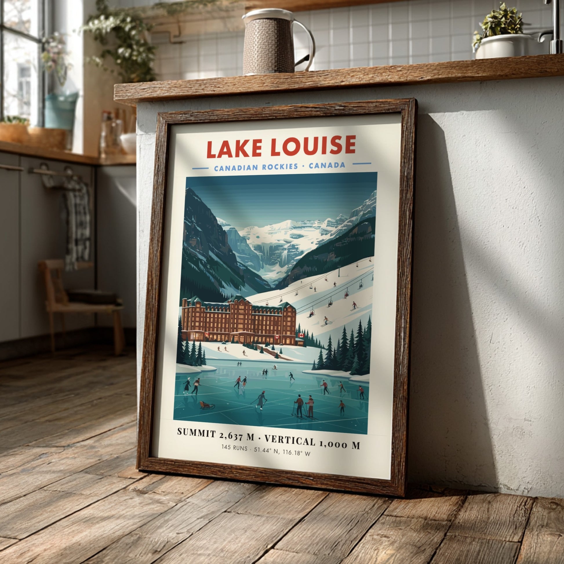 Lake Louise ski resort poster featuring vintage style, mountains, and winter sports in blue and white colors.