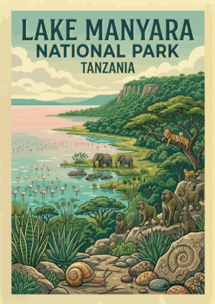 Lake Manyara National Park poster featuring wildlife, vibrant colors, and nature elements in a detailed