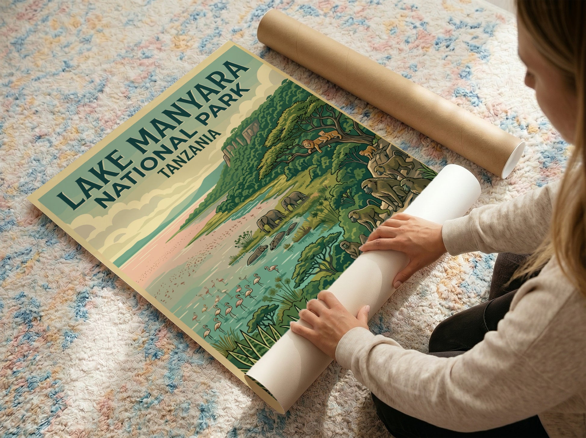 Lake Manyara National Park poster featuring wildlife, vibrant colors, and nature elements in a detailed