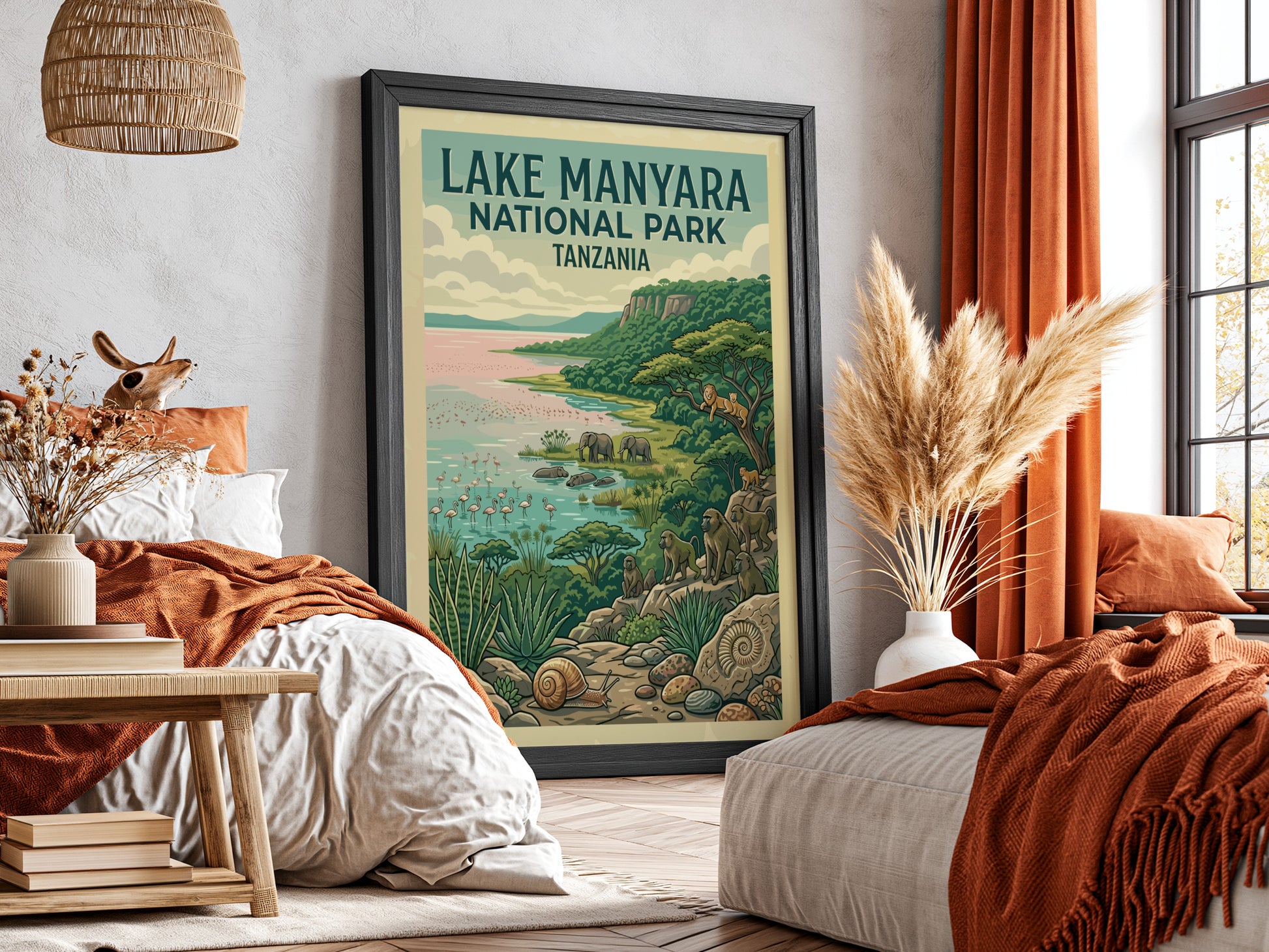Lake Manyara National Park poster featuring wildlife, vibrant colors, and nature elements in a detailed