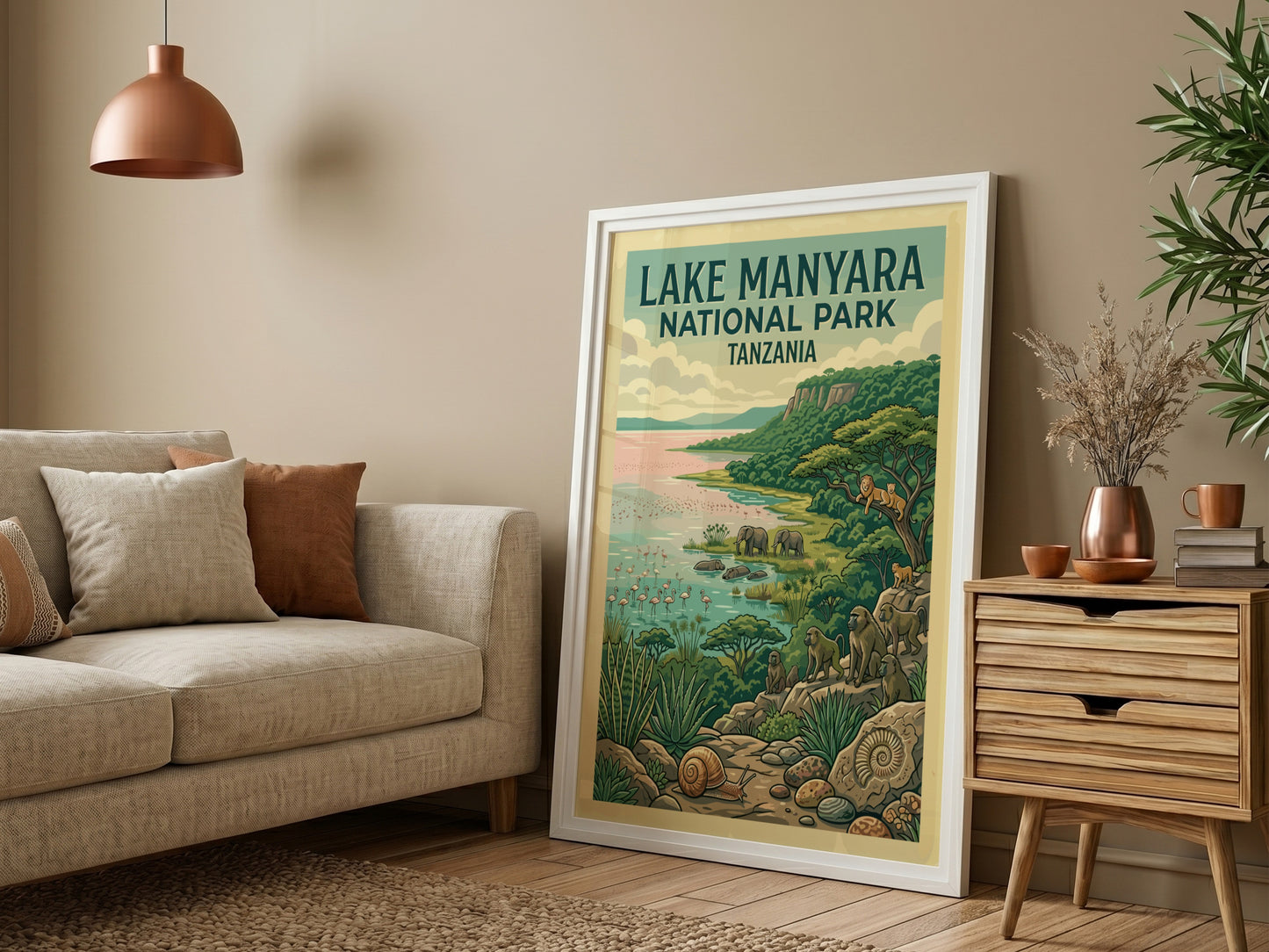 Lake Manyara National Park poster featuring wildlife, vibrant colors, and nature elements in a detailed