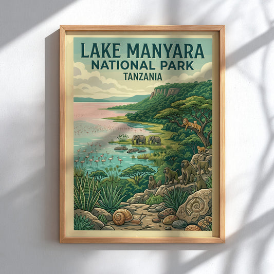 Lake Manyara National Park poster featuring wildlife, vibrant colors, and nature elements in a detailed