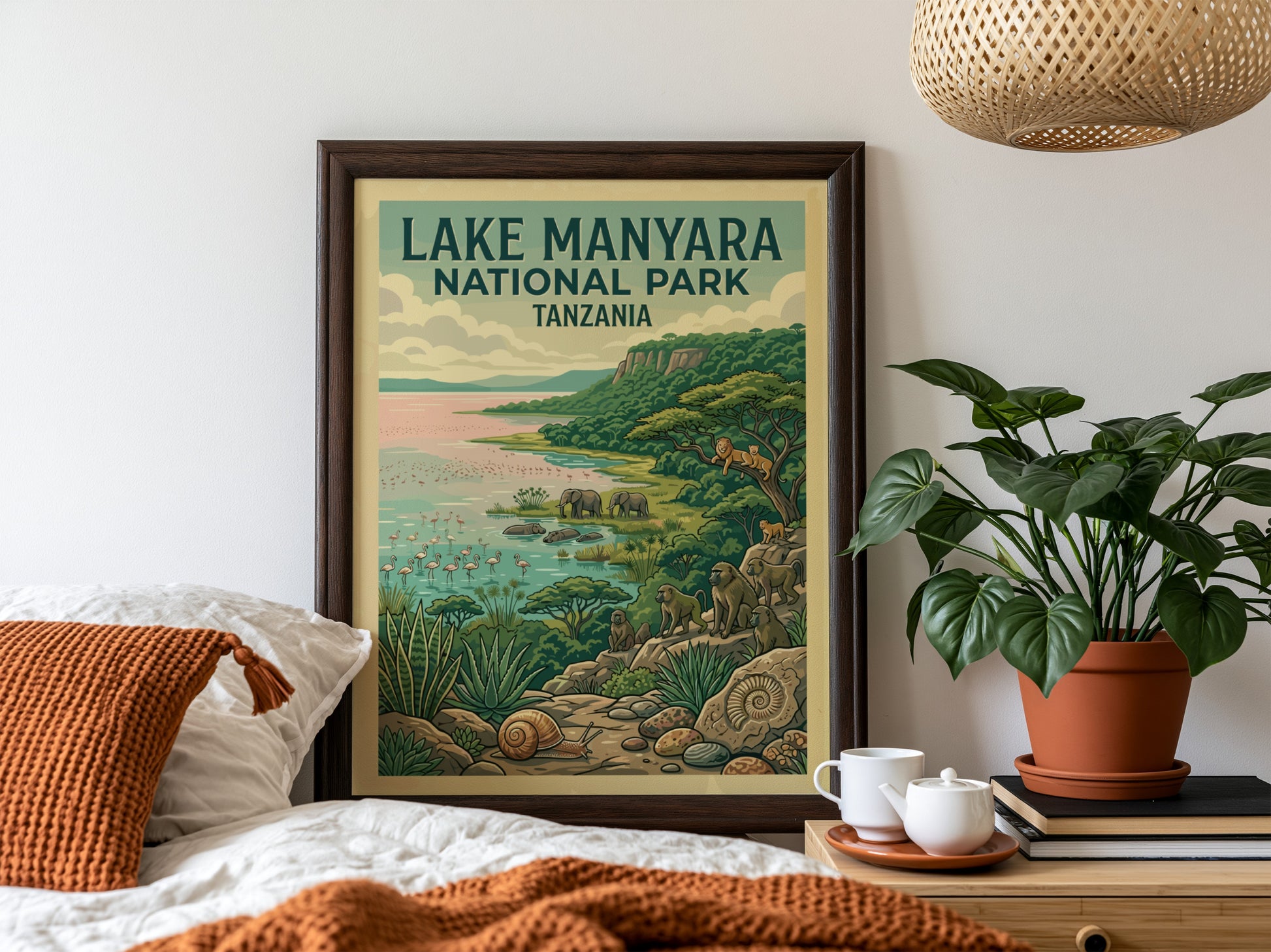Lake Manyara National Park poster featuring wildlife, vibrant colors, and nature elements in a detailed