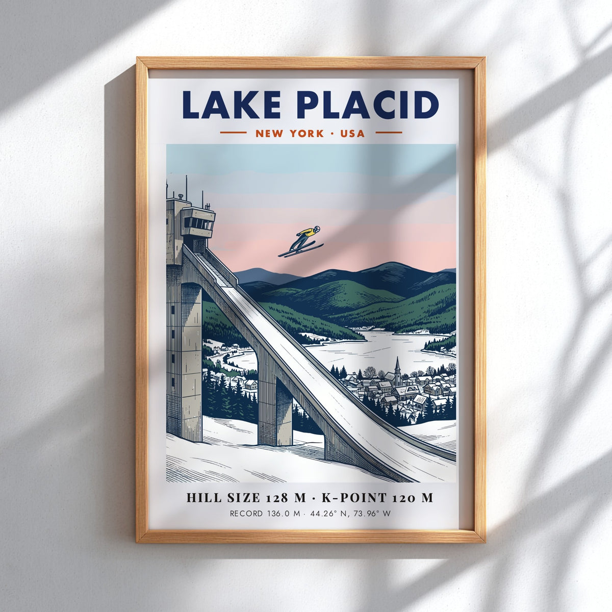 Poster featuring a ski jumper launching from a concrete ramp in Lake Placid.