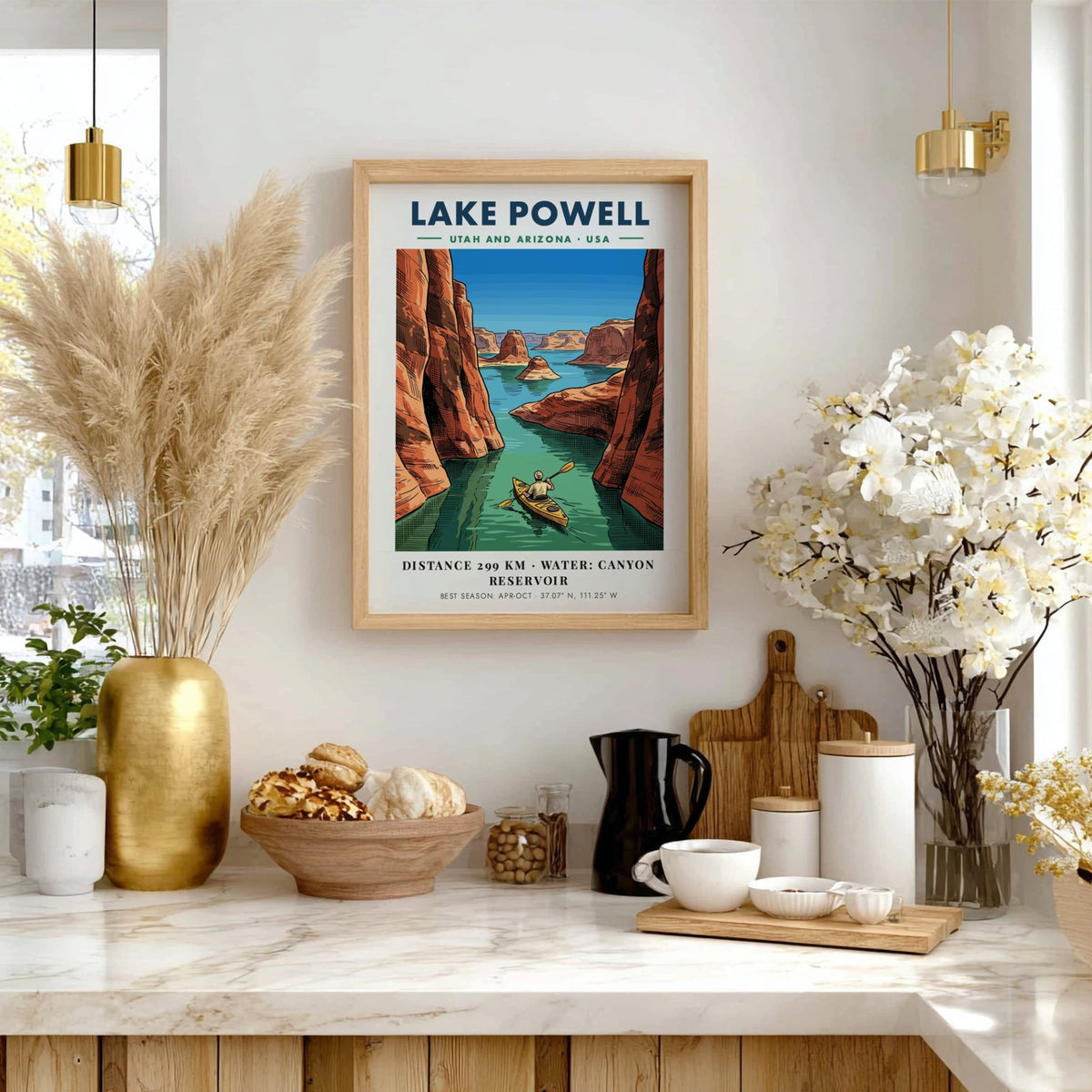 Poster showing a kayaker paddling through the deep blue waters of Lake Powell canyons.