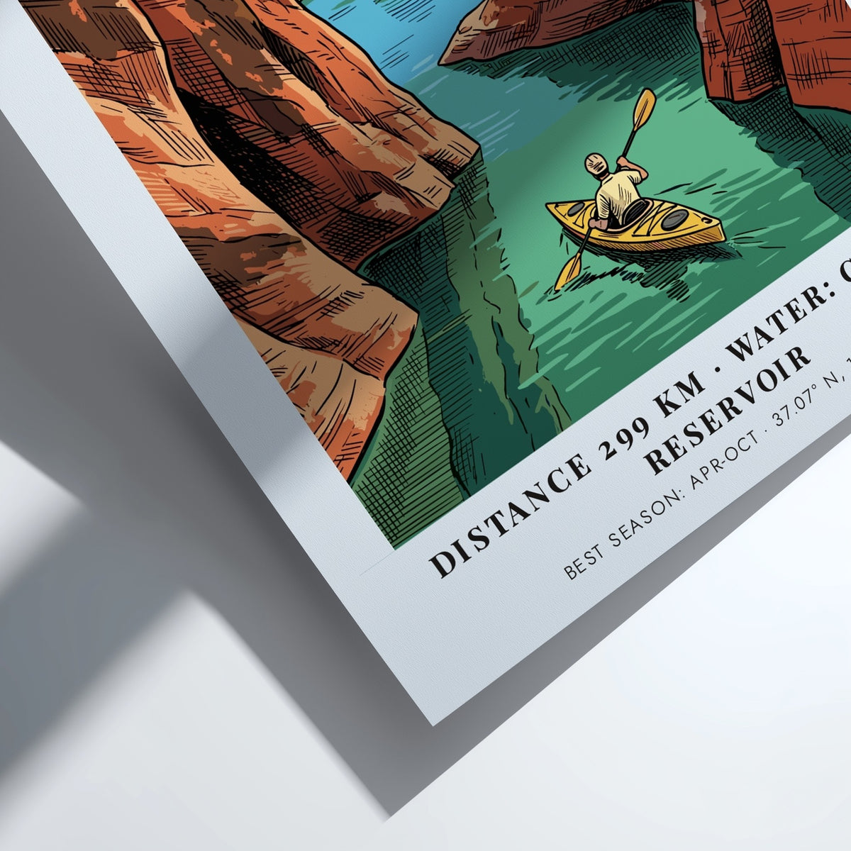 Poster showing a kayaker paddling through the deep blue waters of Lake Powell canyons.