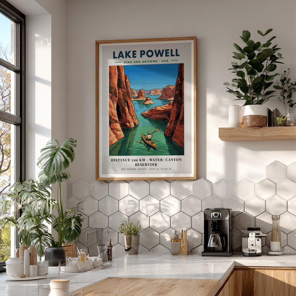 Poster showing a kayaker paddling through the deep blue waters of Lake Powell canyons.