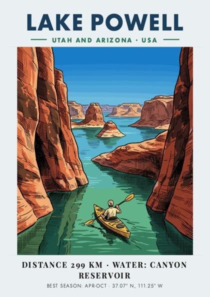 Poster showing a kayaker paddling through the deep blue waters of Lake Powell canyons.