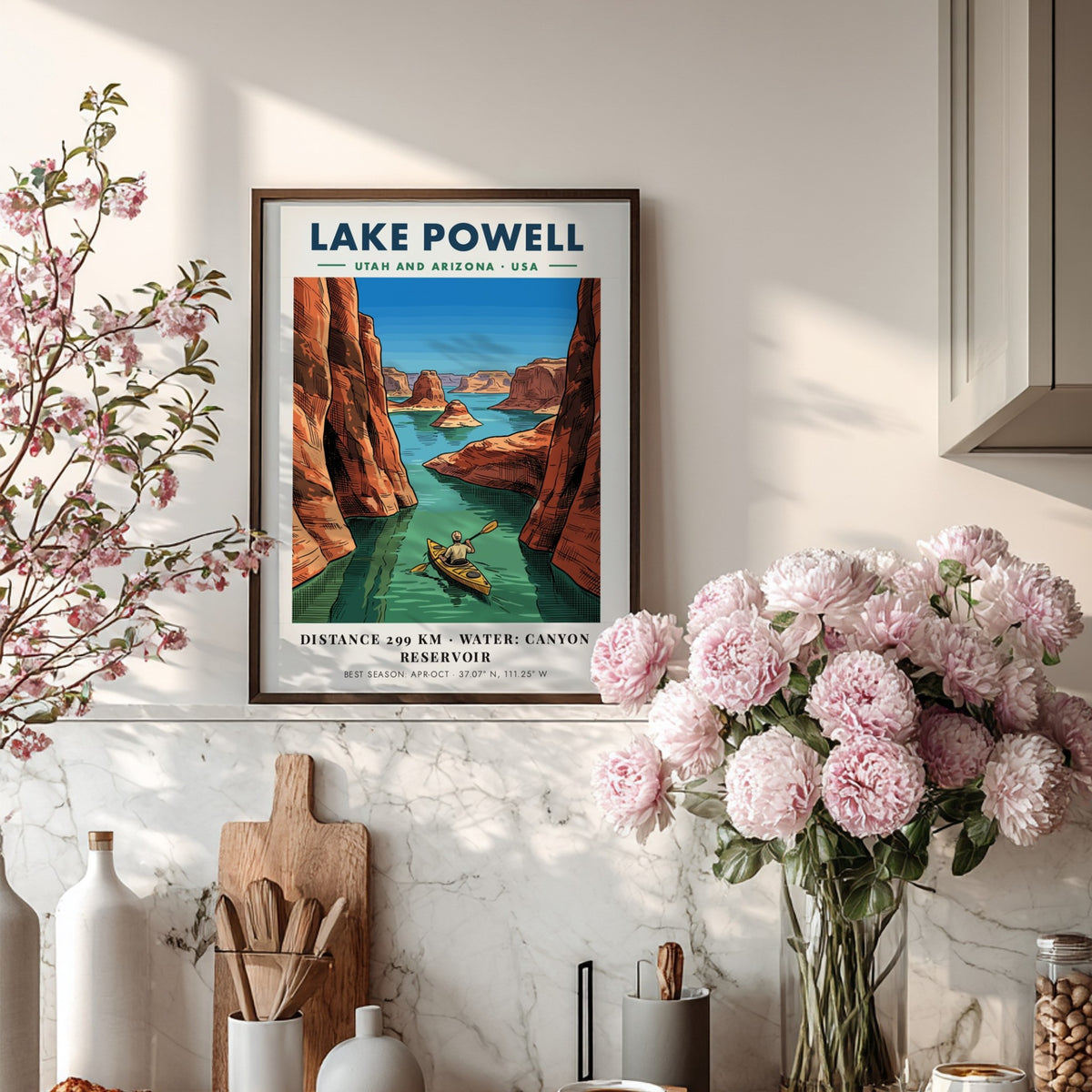 Poster showing a kayaker paddling through the deep blue waters of Lake Powell canyons.