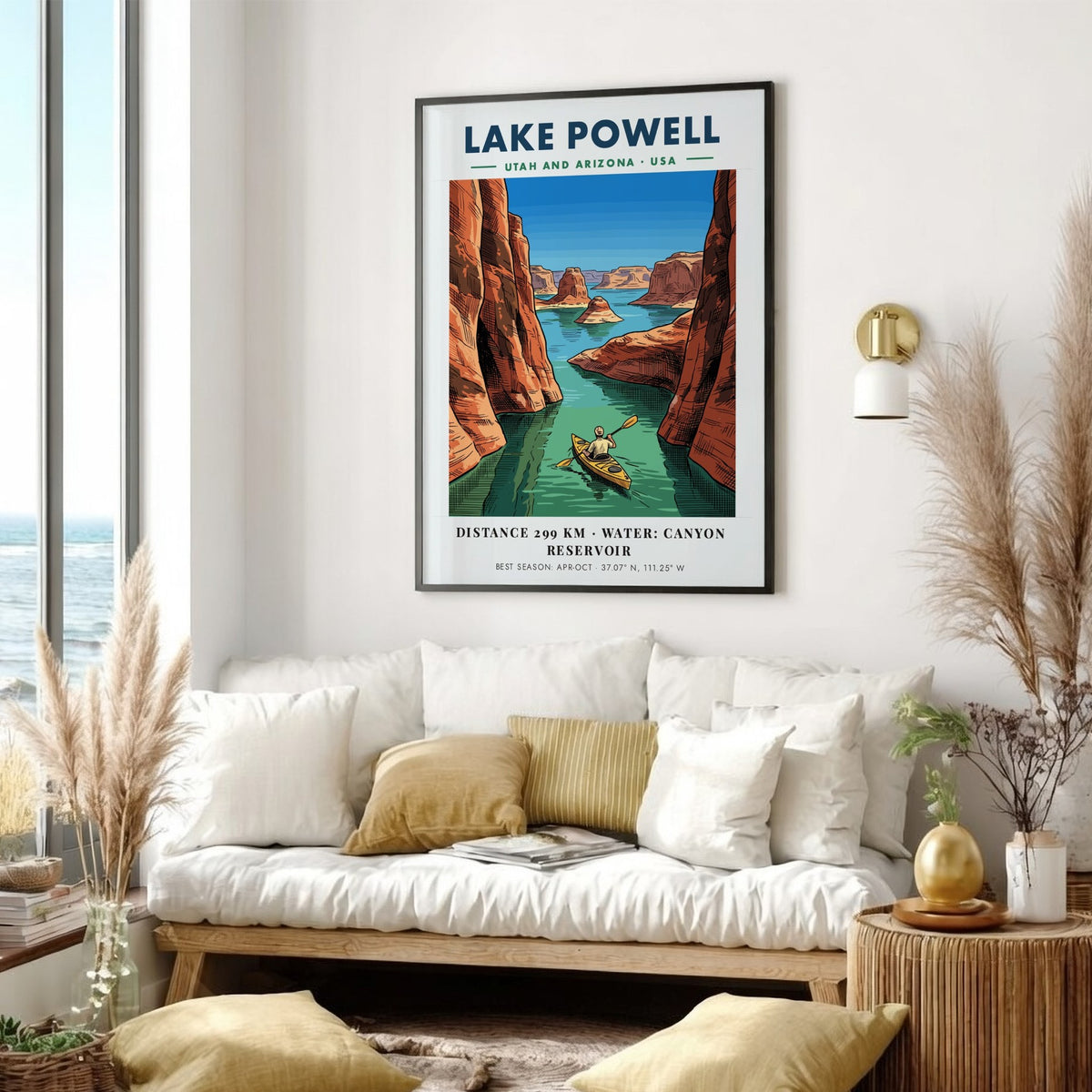 Poster showing a kayaker paddling through the deep blue waters of Lake Powell canyons.