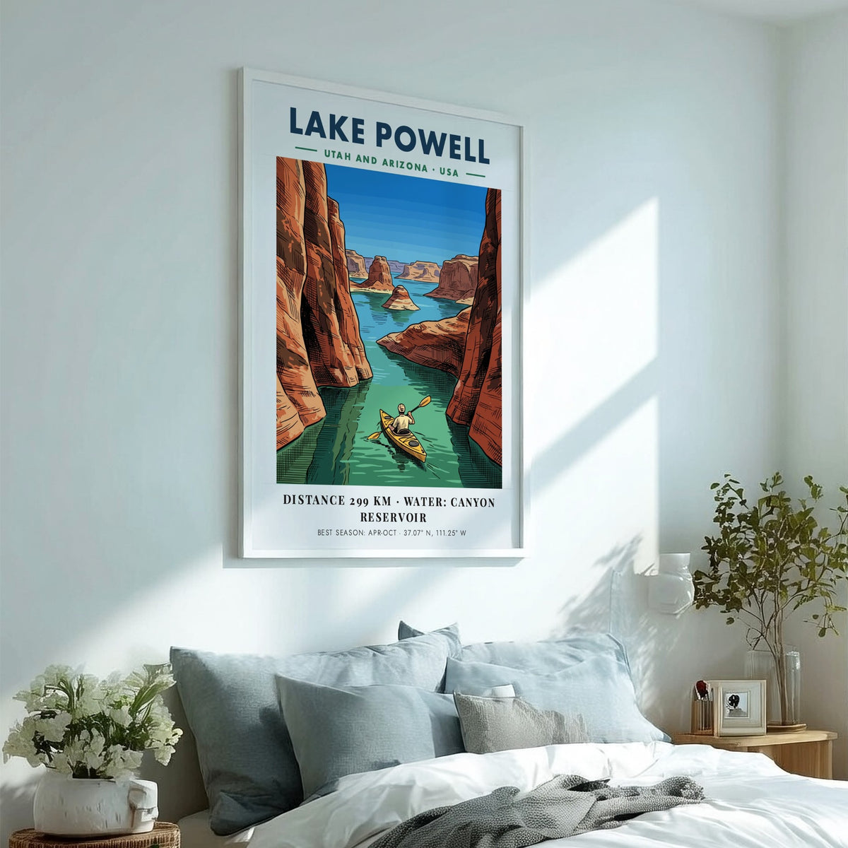 Poster showing a kayaker paddling through the deep blue waters of Lake Powell canyons.