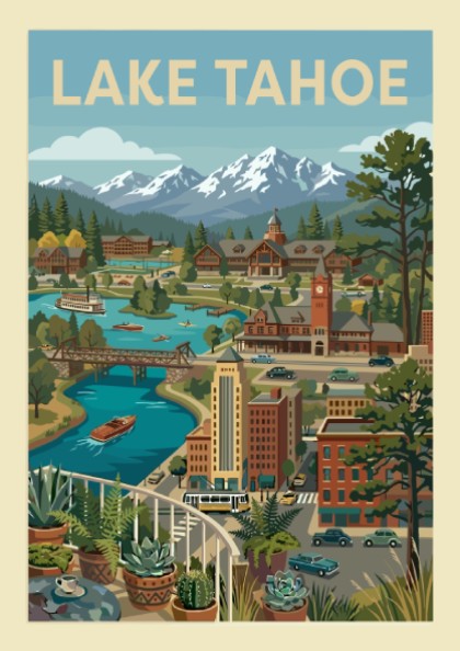 Retro illustration of Lake Tahoe landscape with mountains, river, and town. Vintage travel poster.