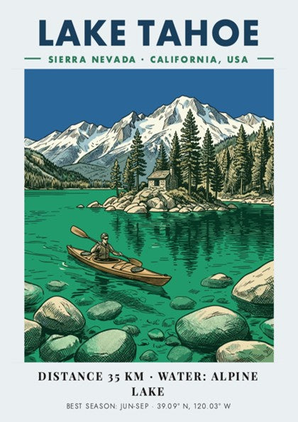 Lake Tahoe kayaking poster featuring a lone paddler on emerald water near mountains