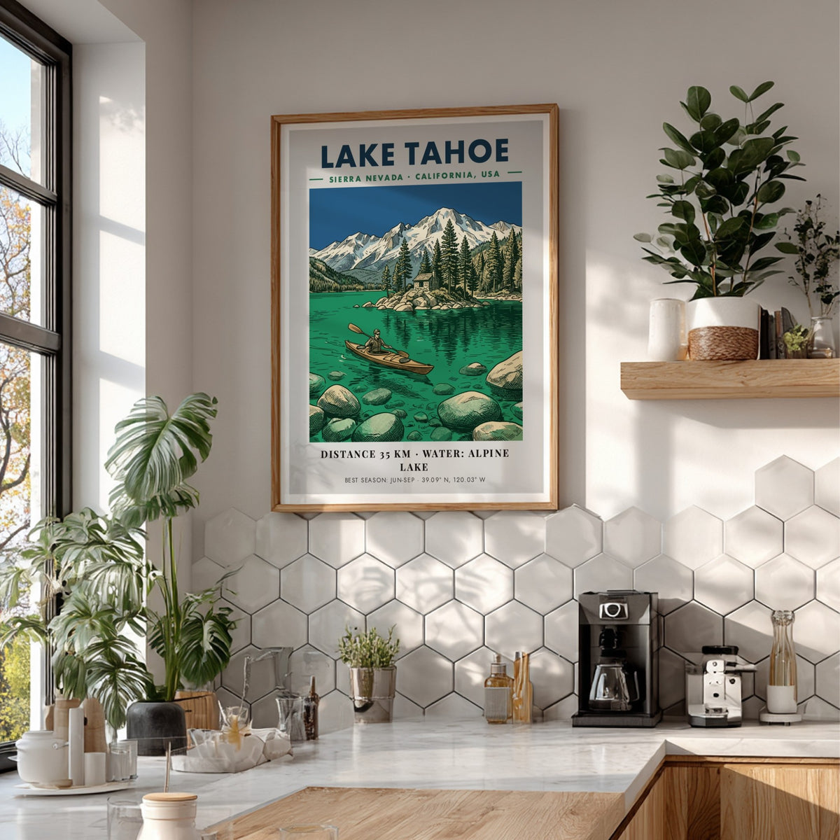 Lake Tahoe kayaking poster featuring a lone paddler on emerald water near mountains