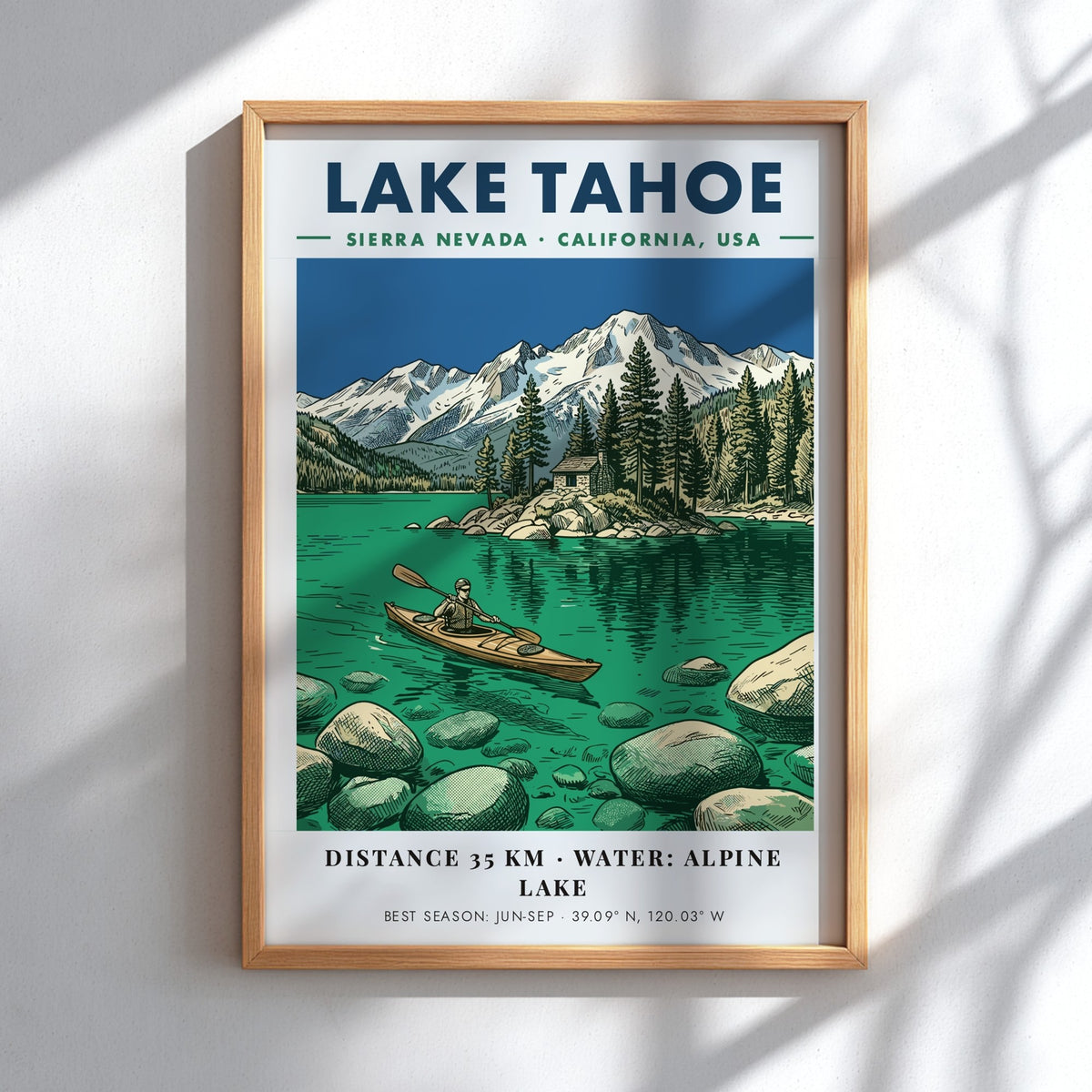 Lake Tahoe kayaking poster featuring a lone paddler on emerald water near mountains