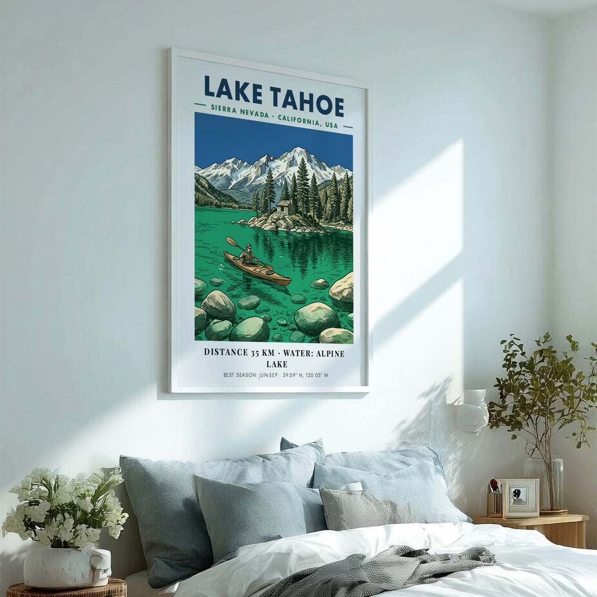 Lake Tahoe kayaking poster featuring a lone paddler on emerald water near mountains