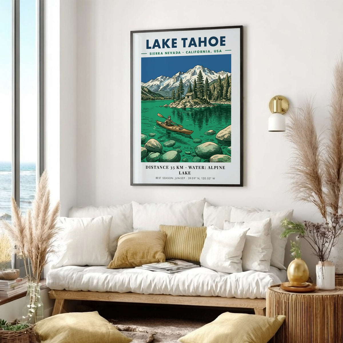 Lake Tahoe kayaking poster featuring a lone paddler on emerald water near mountains