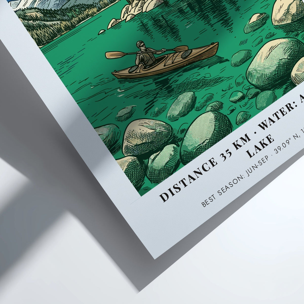 Lake Tahoe kayaking poster featuring a lone paddler on emerald water near mountains