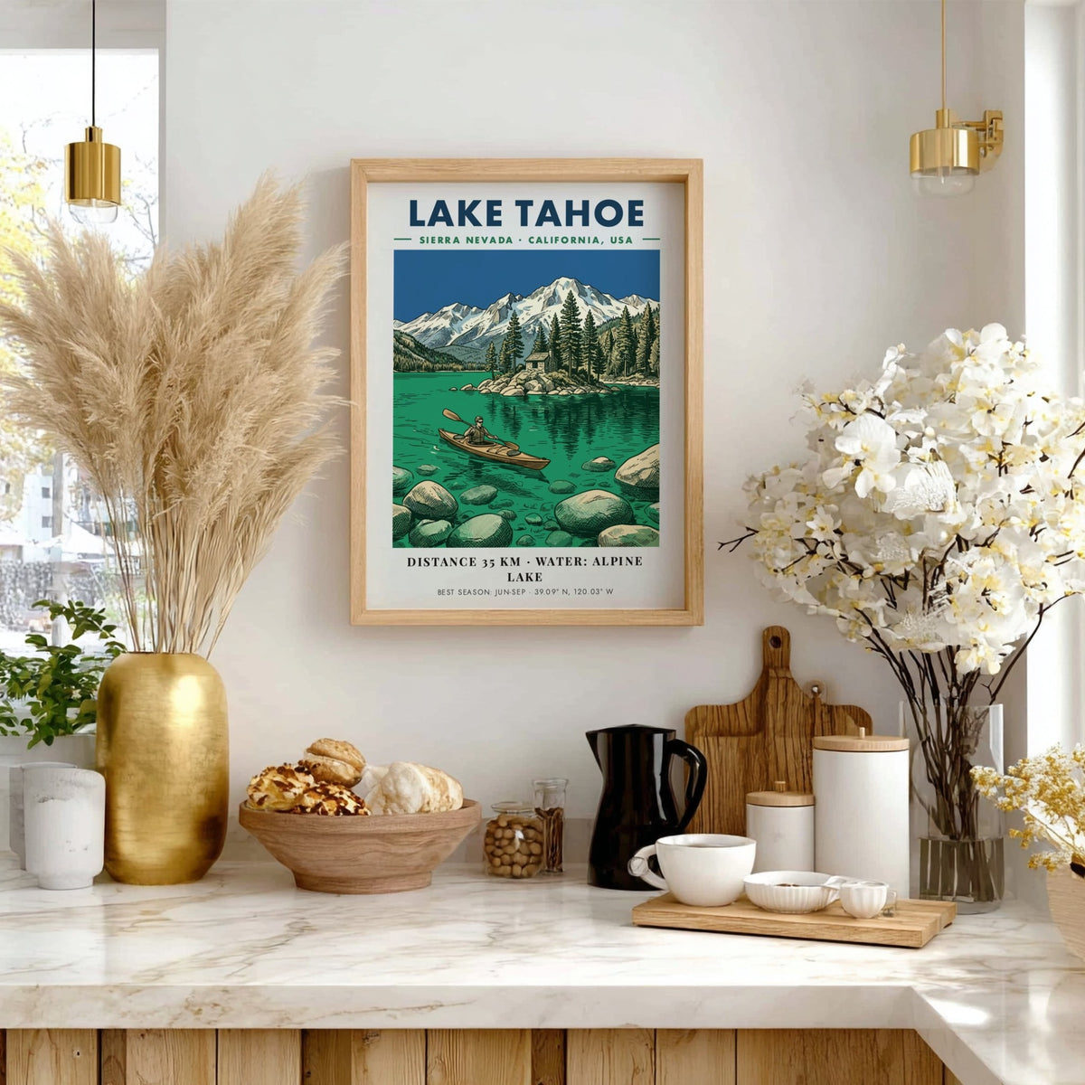 Lake Tahoe kayaking poster featuring a lone paddler on emerald water near mountains