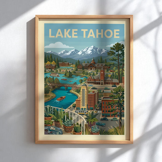 Retro illustration of Lake Tahoe landscape with mountains, river, and town. Vintage travel poster.