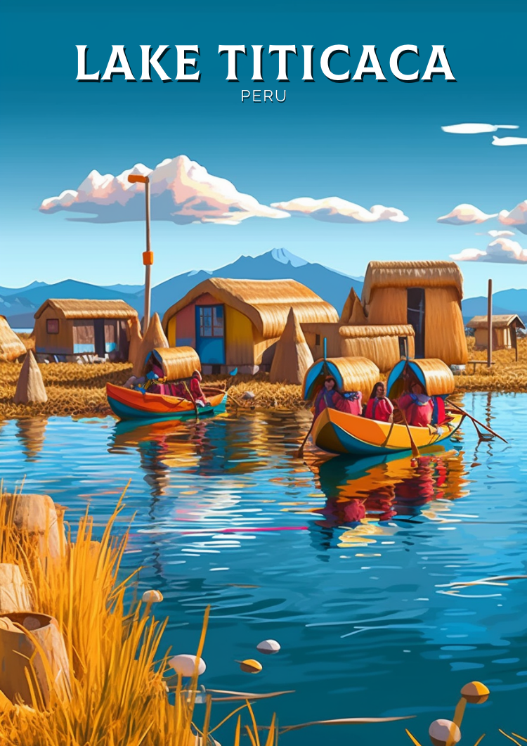 South America LAKE TITICACA TRAVEL POSTER - RETRO ANDEAN ART