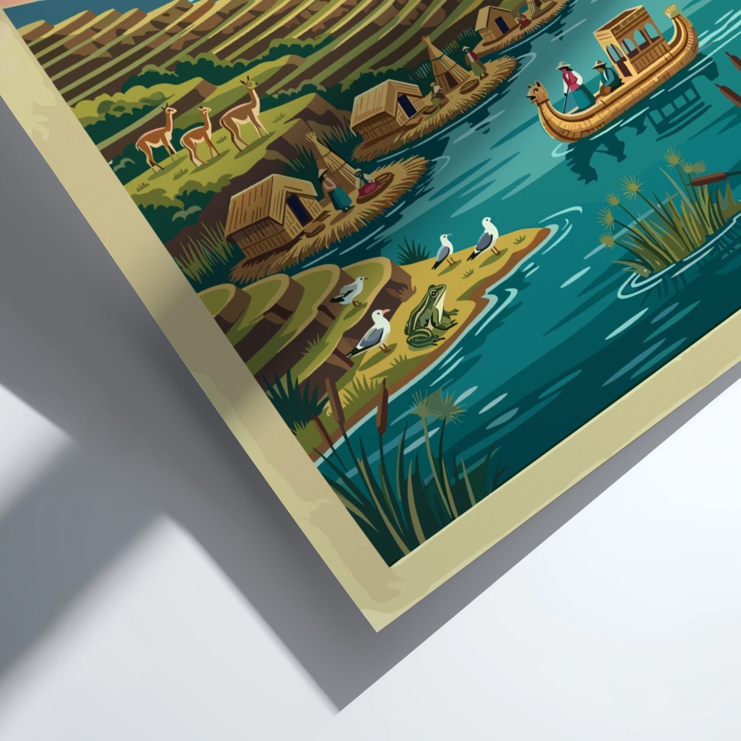 Travel poster of Lake Titicaca featuring floating islands, reed boats, and snow-capped mountains.