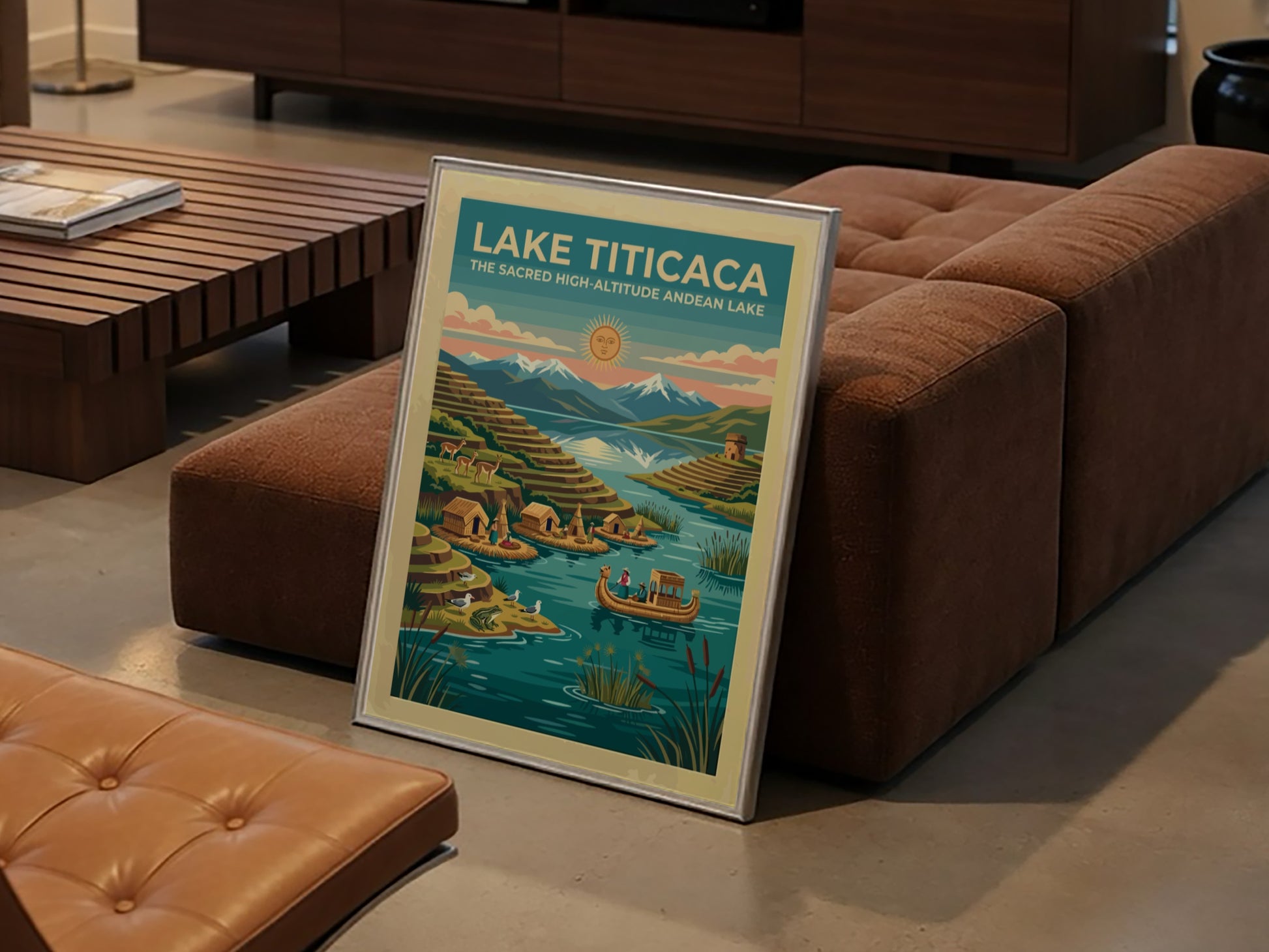 Travel poster of Lake Titicaca featuring floating islands, reed boats, and snow-capped mountains.