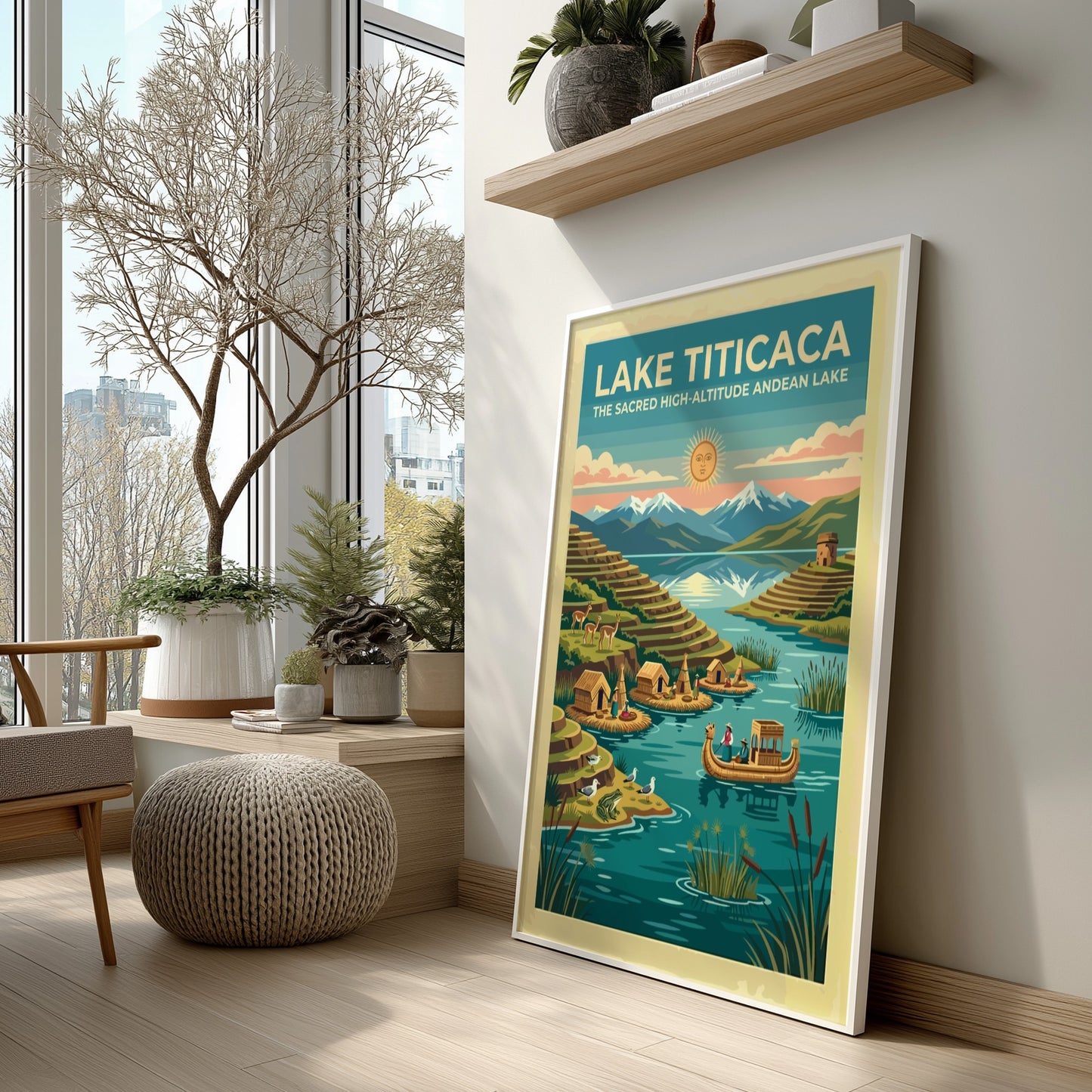 Travel poster of Lake Titicaca featuring floating islands, reed boats, and snow-capped mountains.