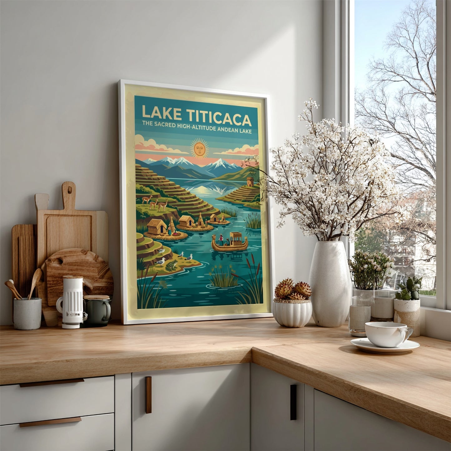 Travel poster of Lake Titicaca featuring floating islands, reed boats, and snow-capped mountains.