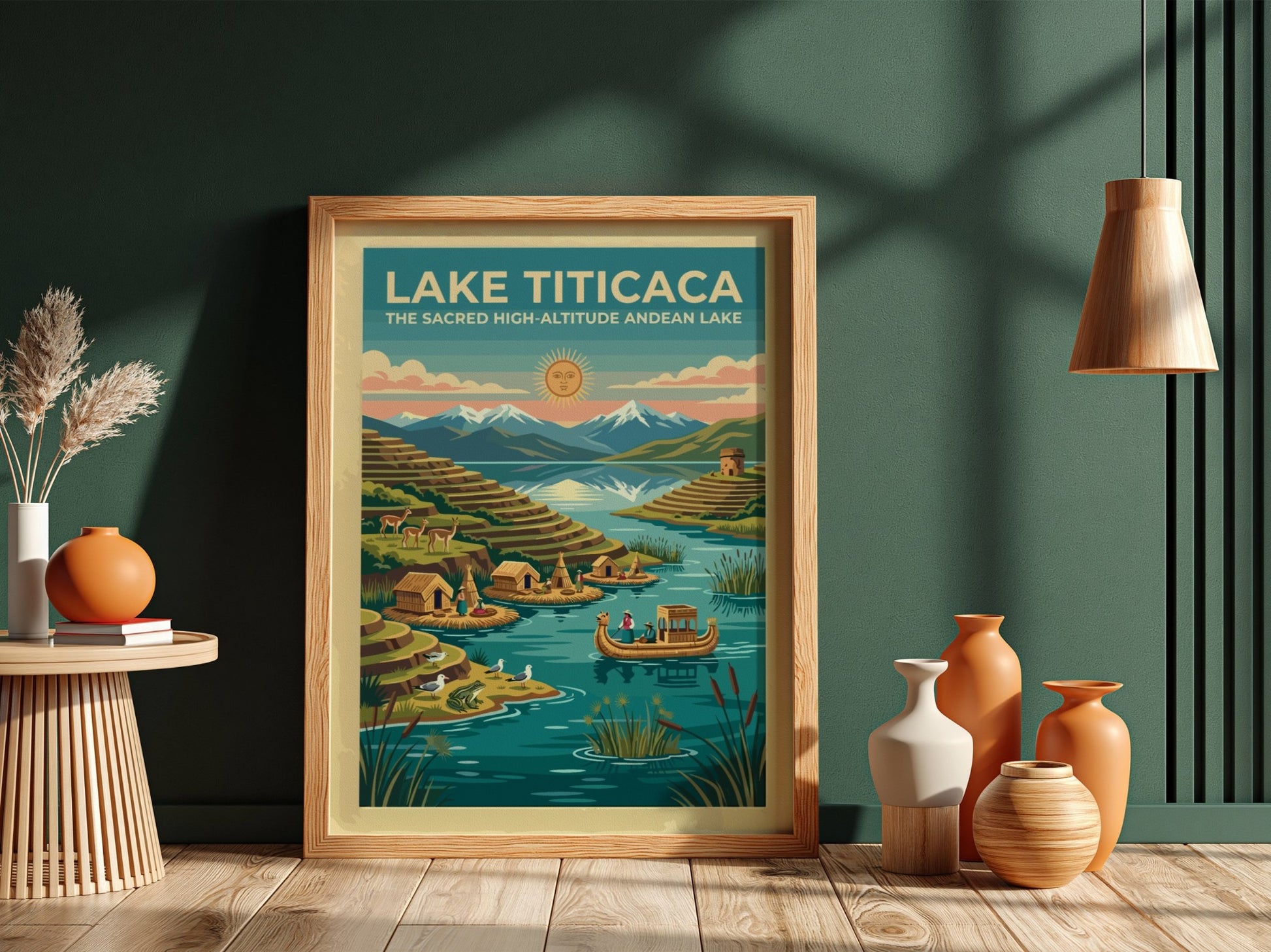 Travel poster of Lake Titicaca featuring floating islands, reed boats, and snow-capped mountains.