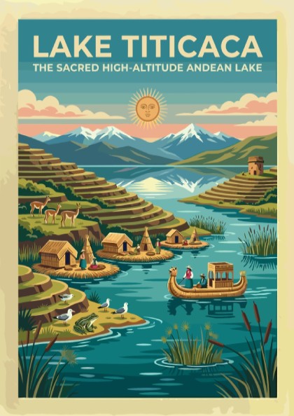 Travel poster of Lake Titicaca featuring floating islands, reed boats, and snow-capped mountains.