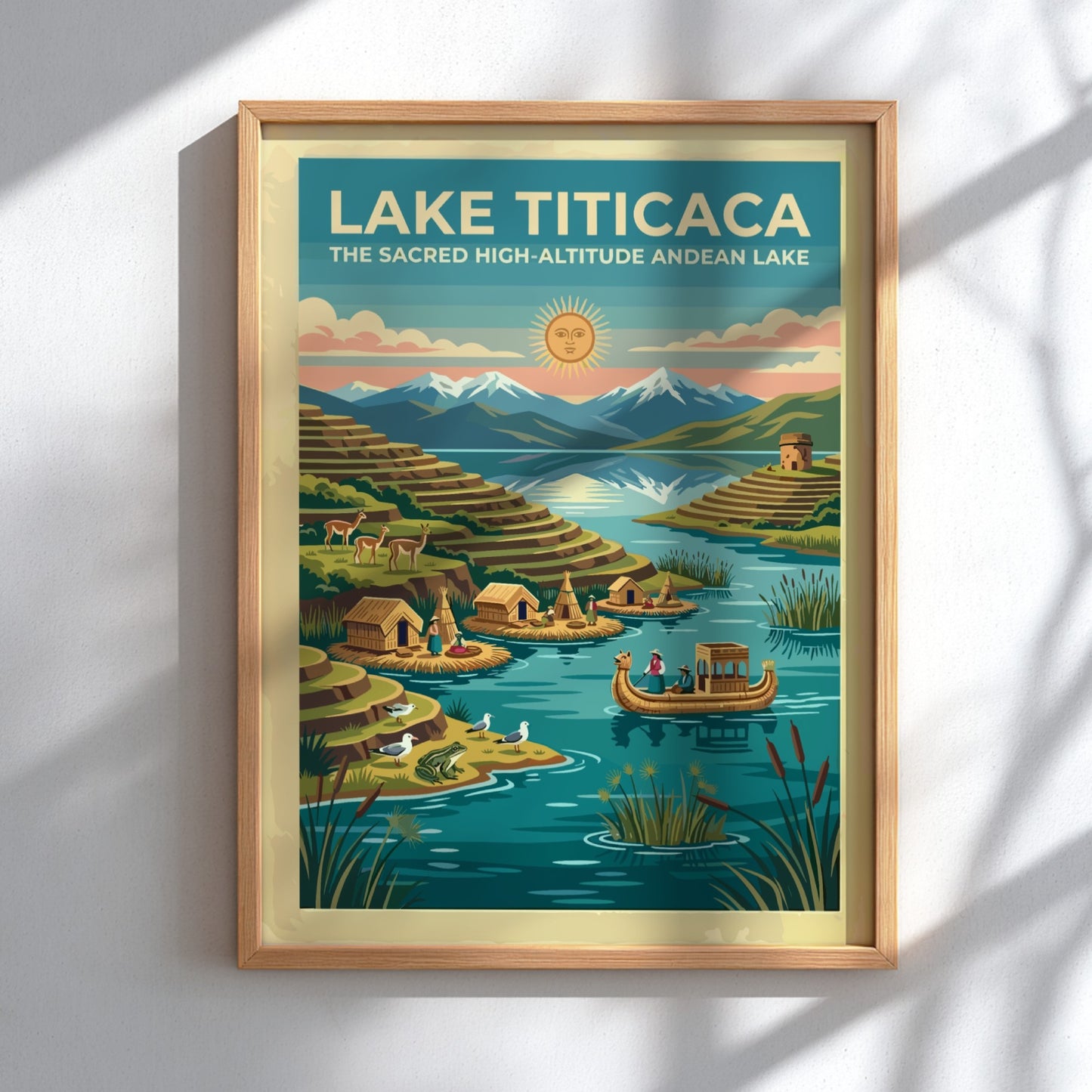Travel poster of Lake Titicaca featuring floating islands, reed boats, and snow-capped mountains.