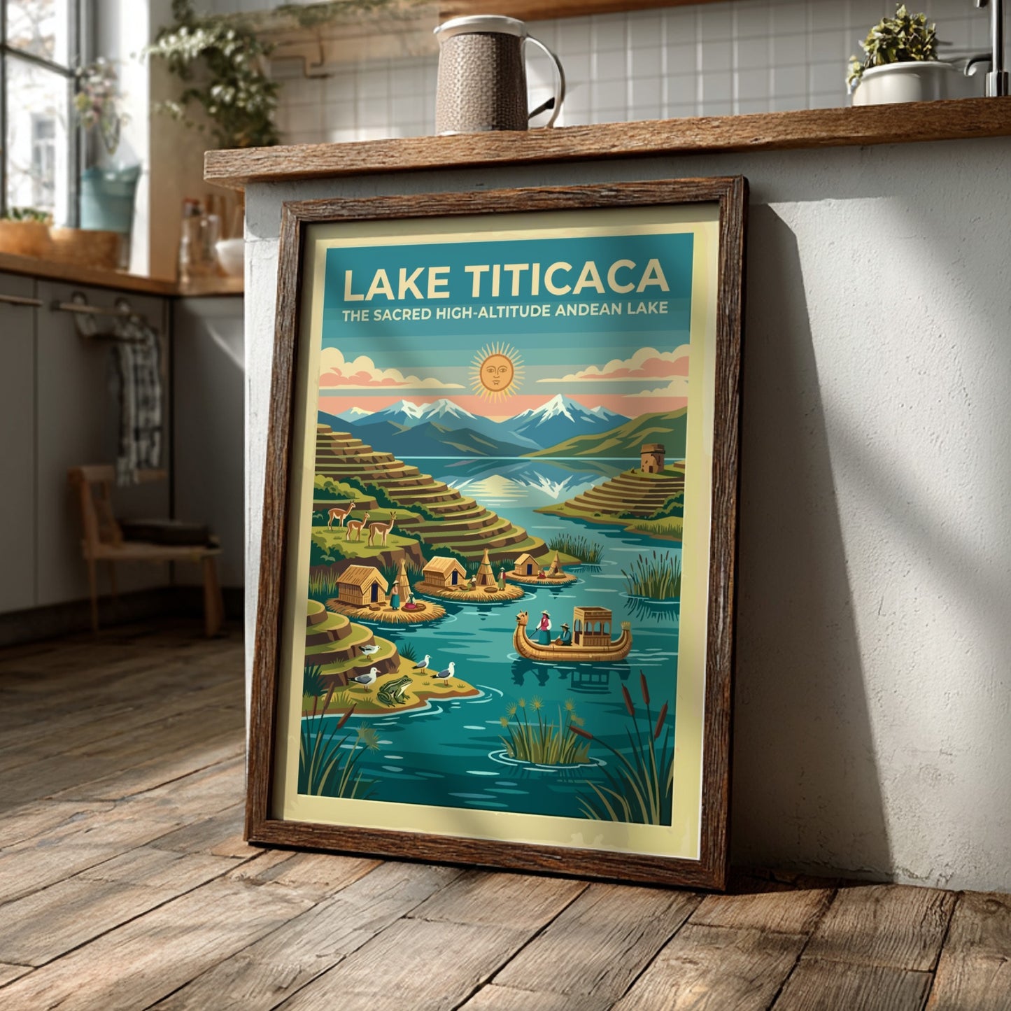 Travel poster of Lake Titicaca featuring floating islands, reed boats, and snow-capped mountains.