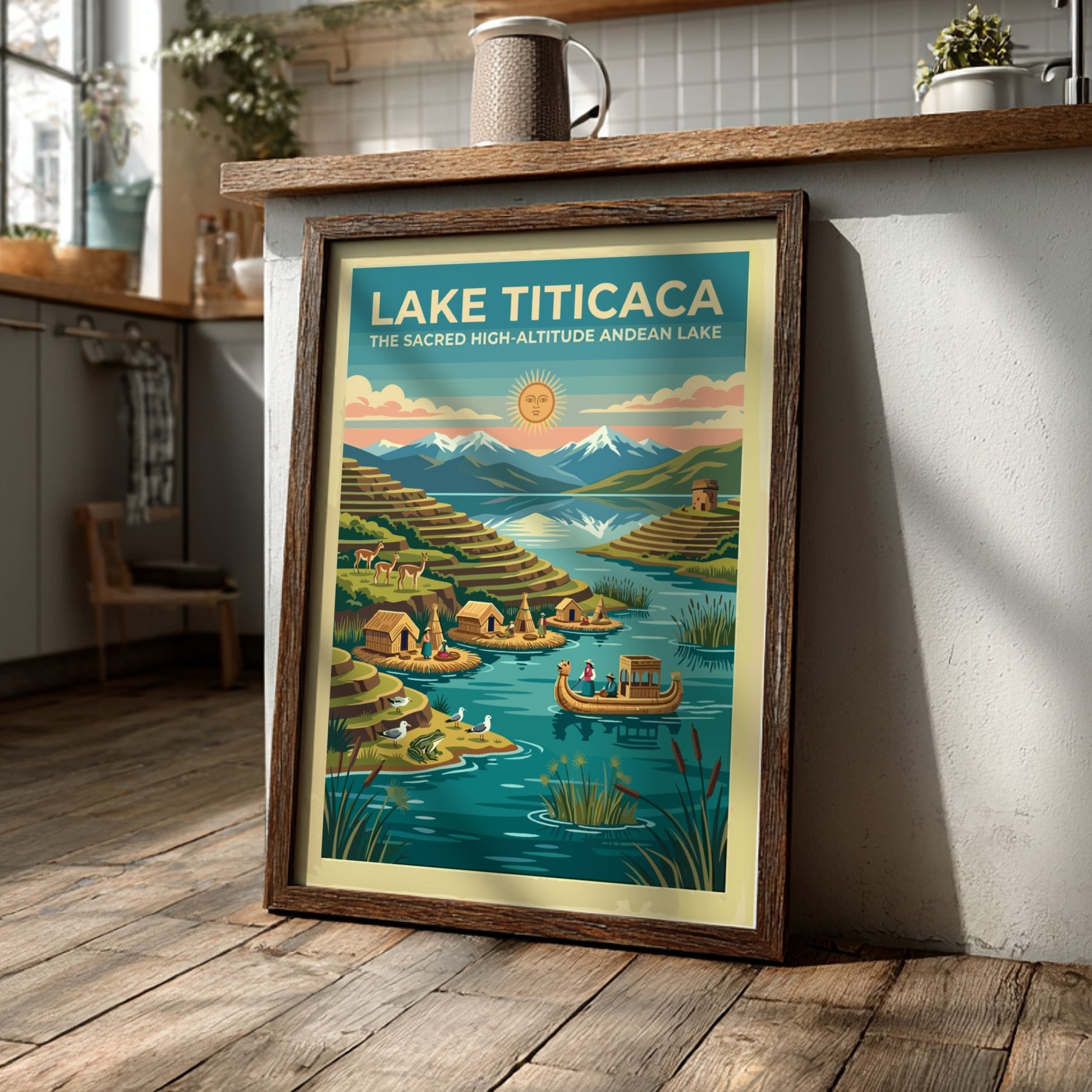 Travel poster of Lake Titicaca featuring floating islands, reed boats, and snow-capped mountains.